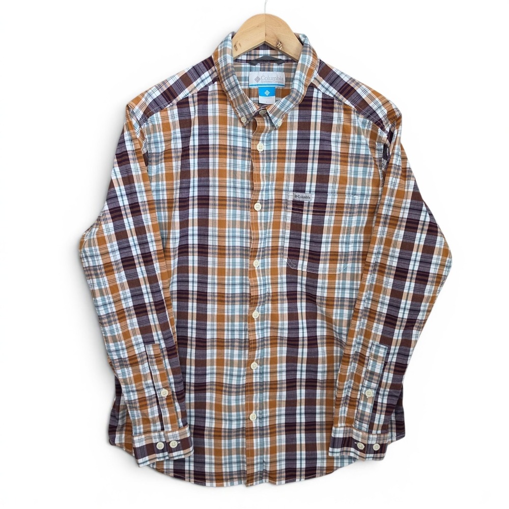 Columbia Shirt Mens Large Brown Blue Button Down Long Sleeve Pocket Casual‎